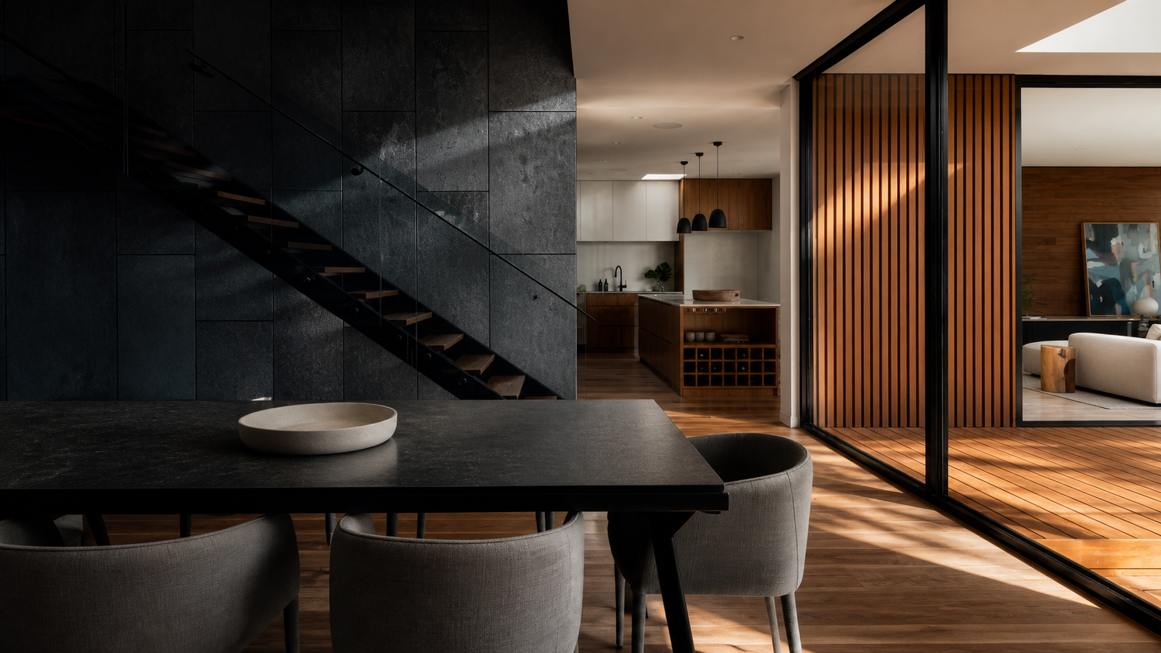Contemporary interior finished with natural surfaces